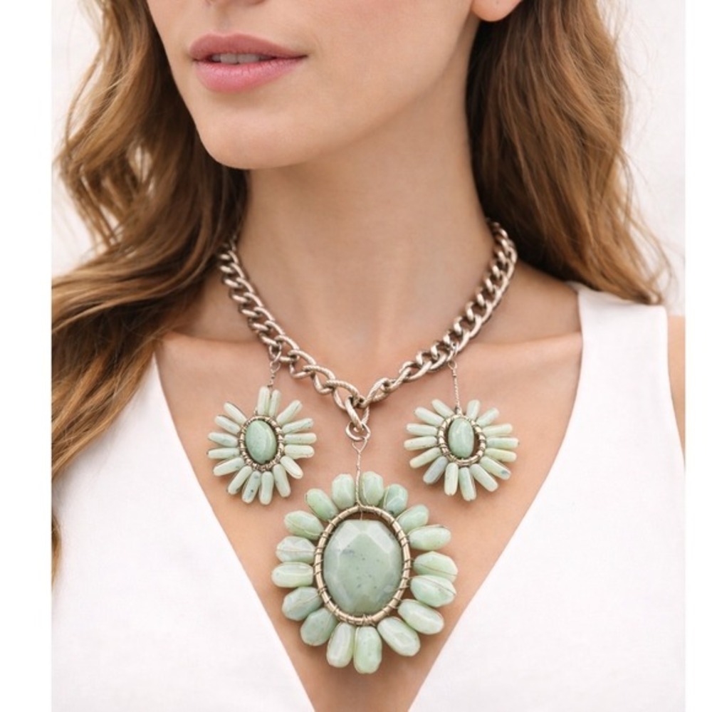 Bijoux Terner Statement Necklace Green Stone Daisy Flower Pendants Fairy  J-01‎